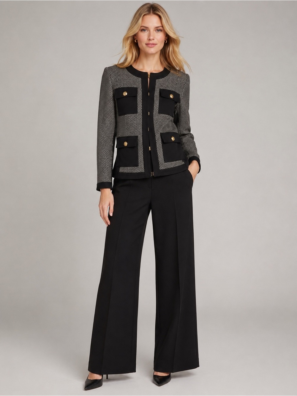 WHBM Stylist Jacket Black‎ & Beige Contrast Trim Military Machine Washable